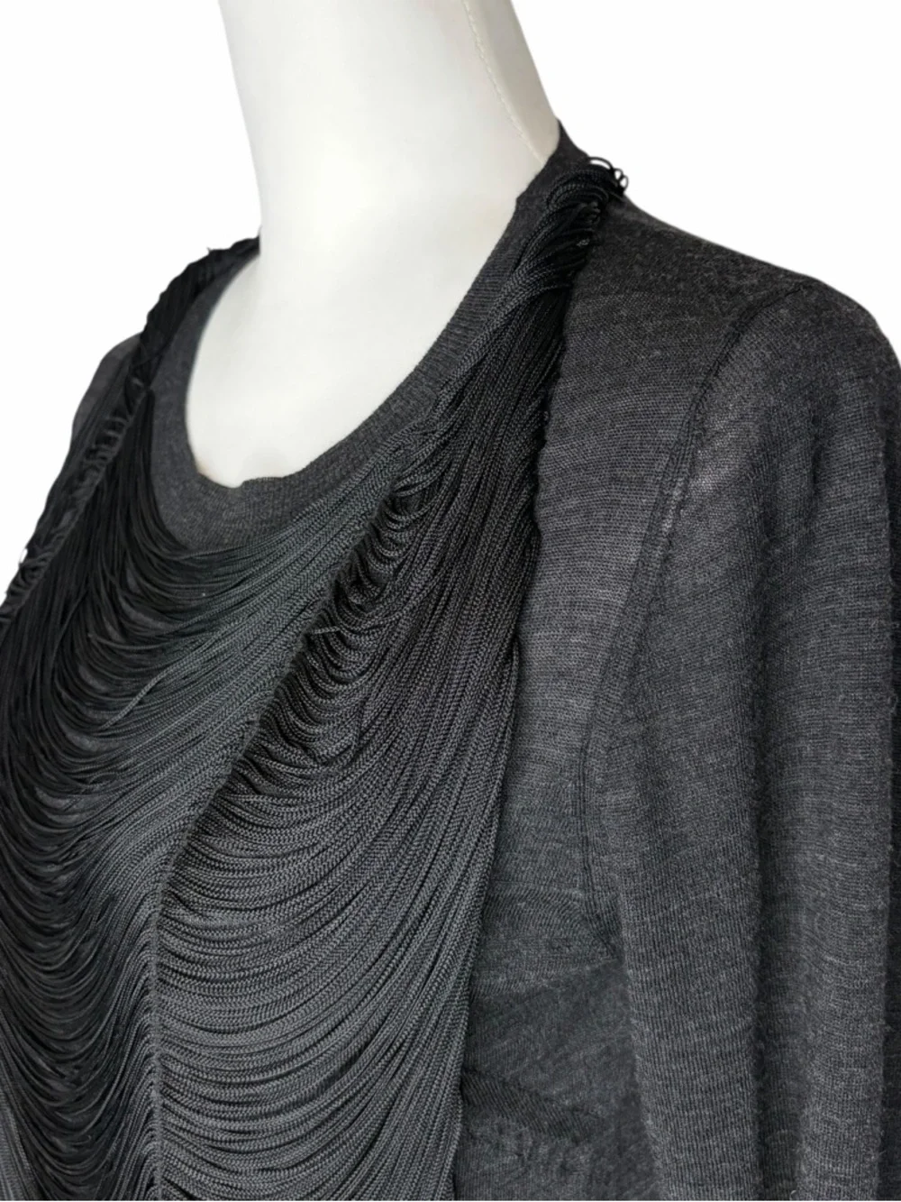 Vera Wang Black Long Sleeve Draped Fringe Top - Picture 2 of 7